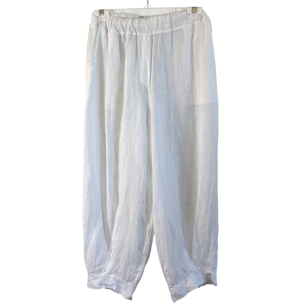 Tempo Paris Linen Pants White Womens S Tulip Hem Relaxed Elastic Waist Resort